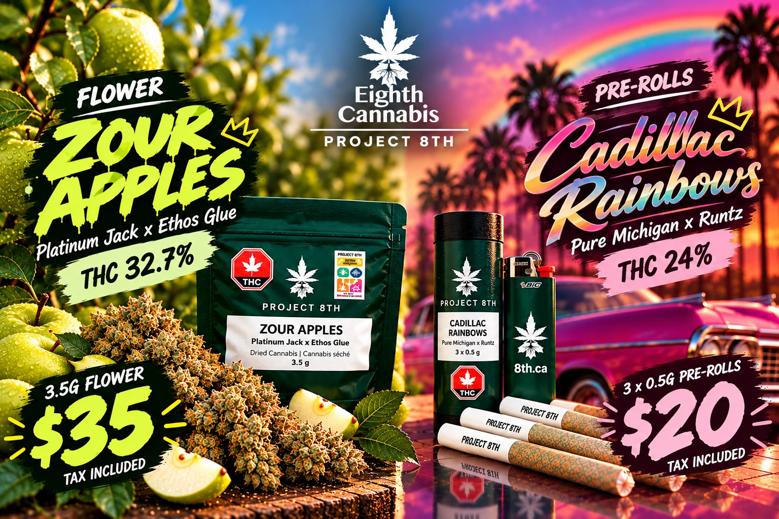 Project 8th Zour Apples 3.5g flower, 32.7% THC, $35 tax included, and Cadillac Rainbows 3-pack pre-rolls, 24% THC, $20 tax included.